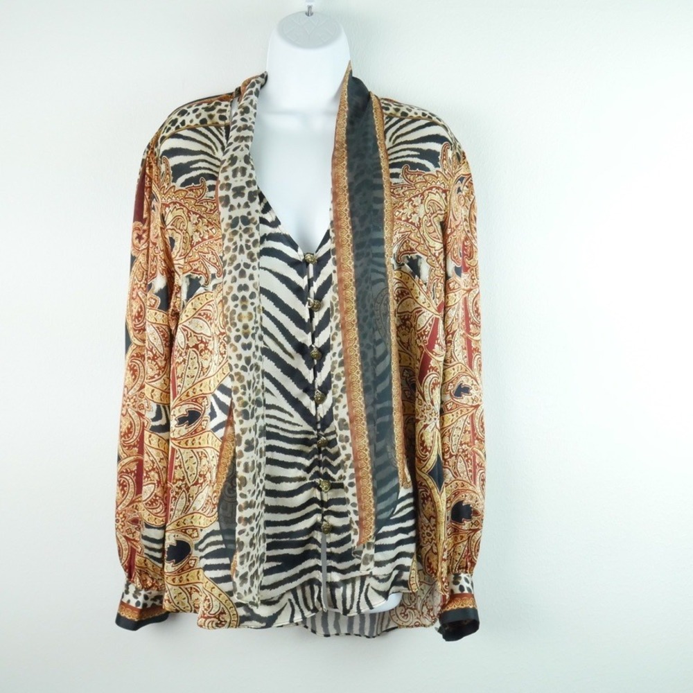 Camilla Silk Mixed Print Blouse Zebra Leopard Crystals Tie Neck Luxury Top M